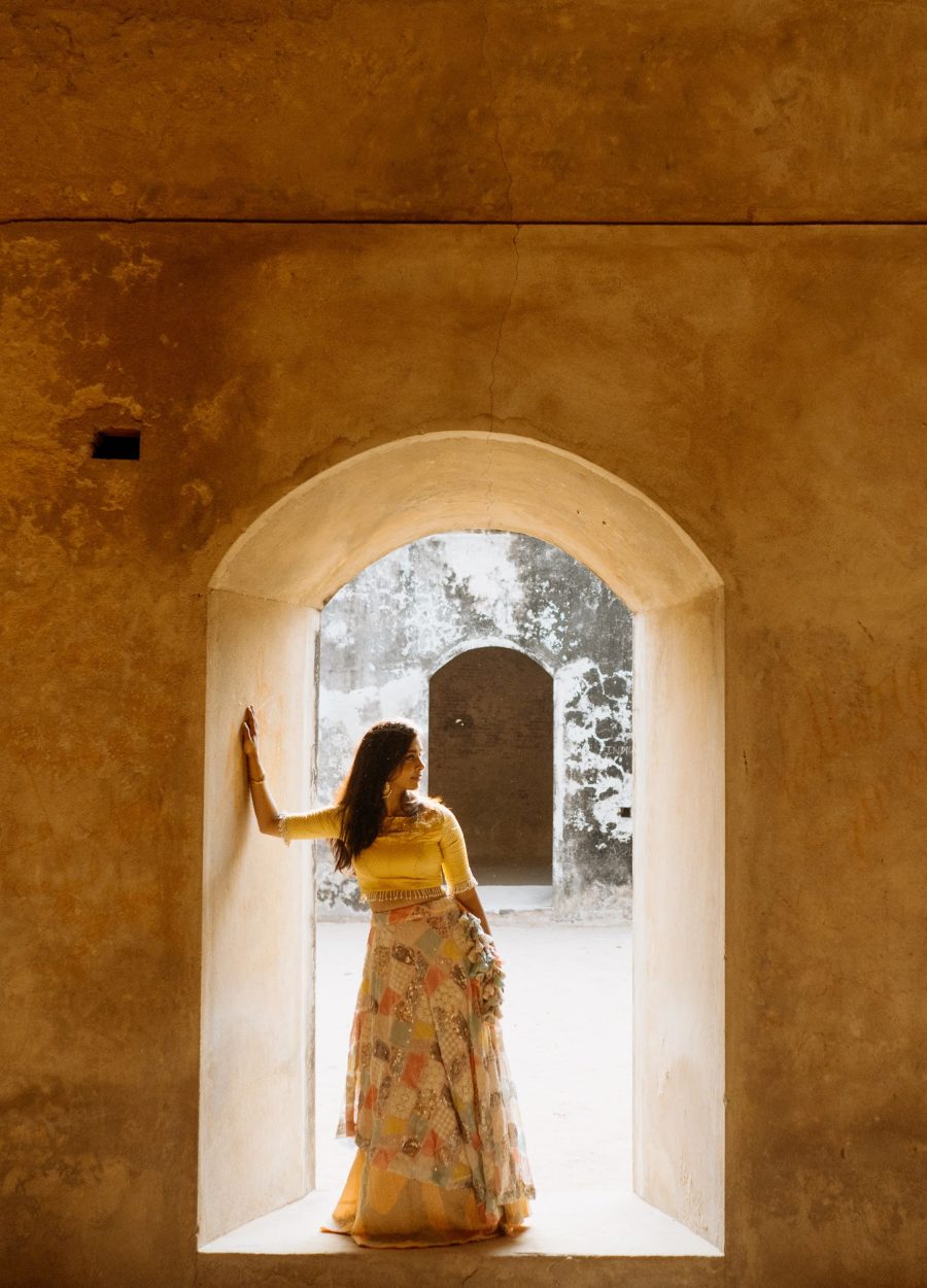 Rofia Ramesh wearing a bespoke lehenga set crafted by Design with Saa.  Photographed by Shweta Balaji and Ajith Sundararajan