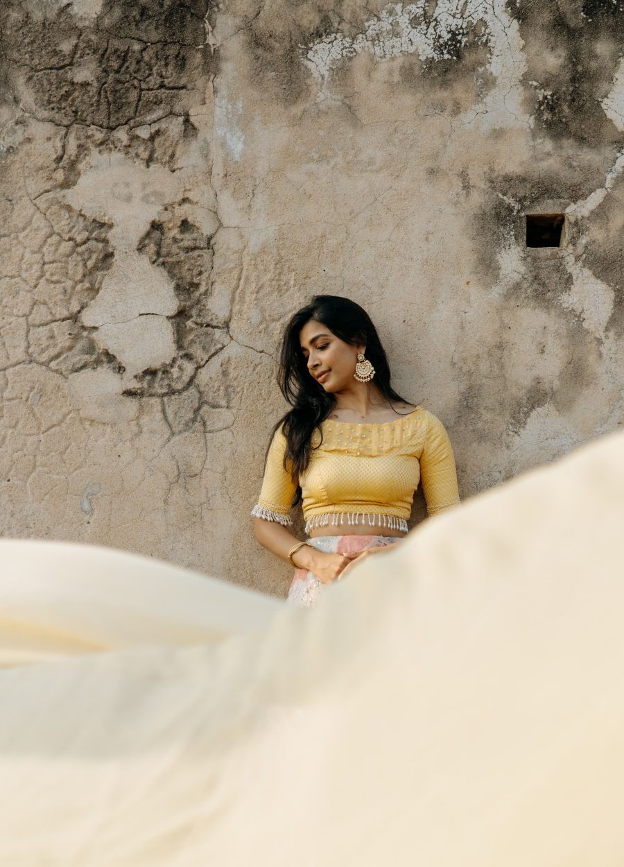 Rofia Ramesh wearing a bespoke lehenga set crafted by Design with Saa.  Photographed by Shweta Balaji and Ajith Sundararajan