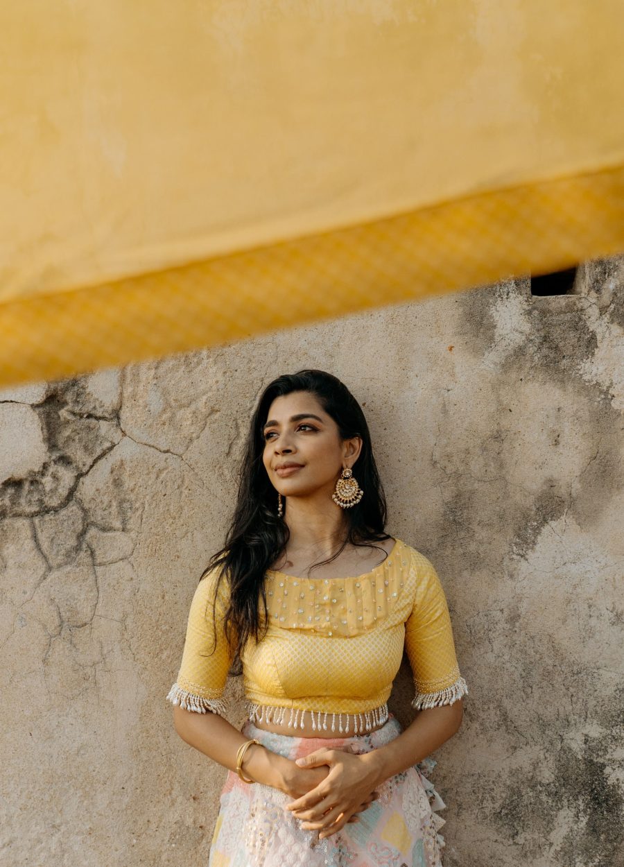 Rofia Ramesh wearing a bespoke lehenga set crafted by Design with Saa.  Photographed by Shweta Balaji and Ajith Sundararajan