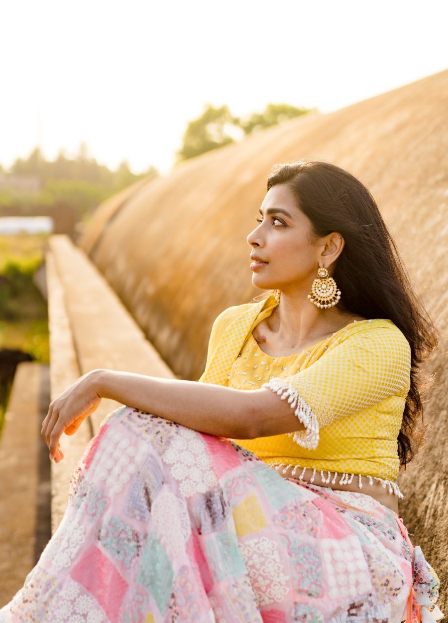 Rofia Ramesh wearing a bespoke lehenga set crafted by Design with Saa.  Photographed by Shweta Balaji and Ajith Sundararajan