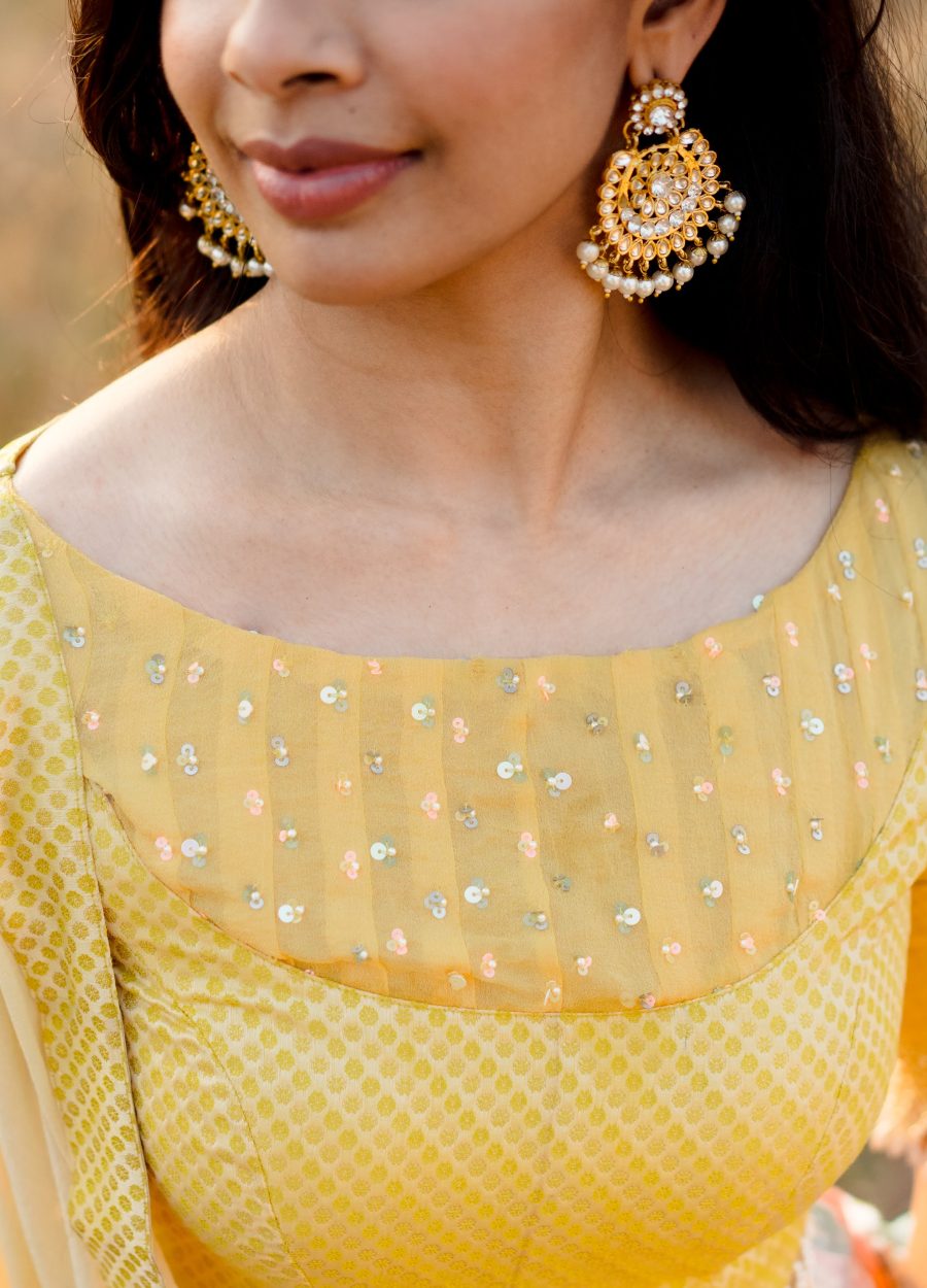 Rofia Ramesh wearing a bespoke lehenga set crafted by Design with Saa.  Photographed by Shweta Balaji and Ajith Sundararajan