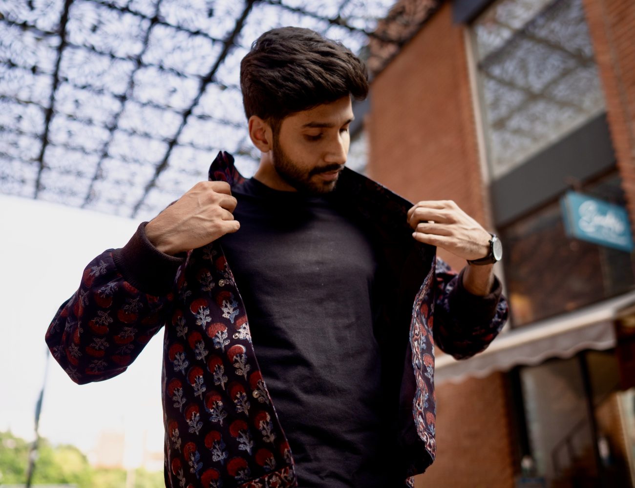 Kishen Das wearing bespoke bomber jackets crafted by Design with Saa.  Photographed by Shweta Balaji and Ajith Sundararajan