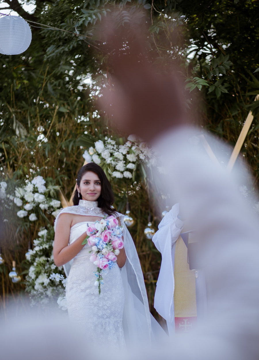 Catherine Nivedha in her bespoke wedding trousseau crafted by Design with Saa.  Photographed by Soundarya Tamilmaran