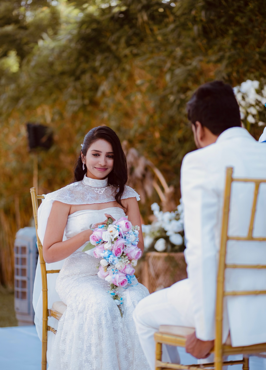 Catherine Nivedha in her bespoke wedding trousseau crafted by Design with Saa.  Photographed by Soundarya Tamilmaran