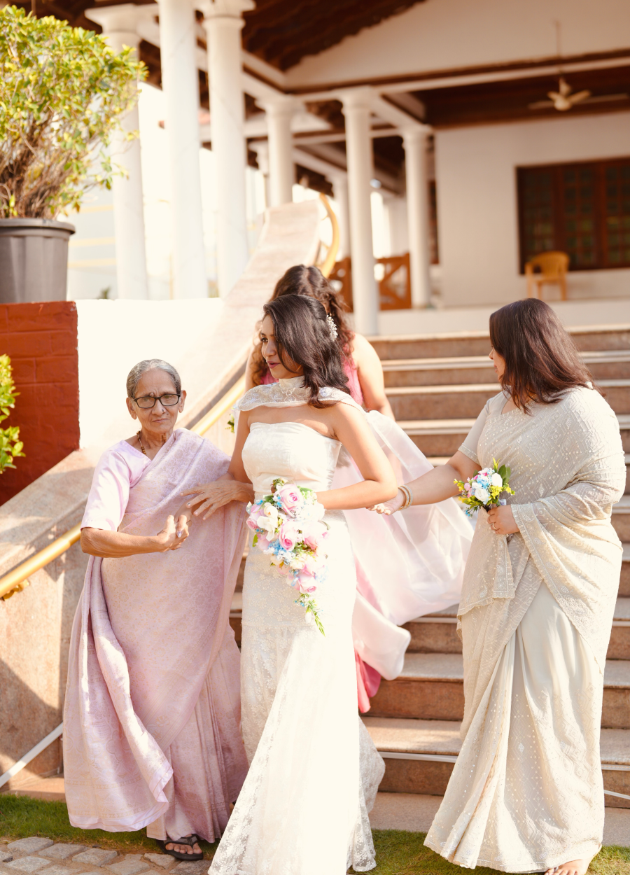 Catherine Nivedha in her bespoke wedding trousseau crafted by Design with Saa.  Photographed by Soundarya Tamilmaran