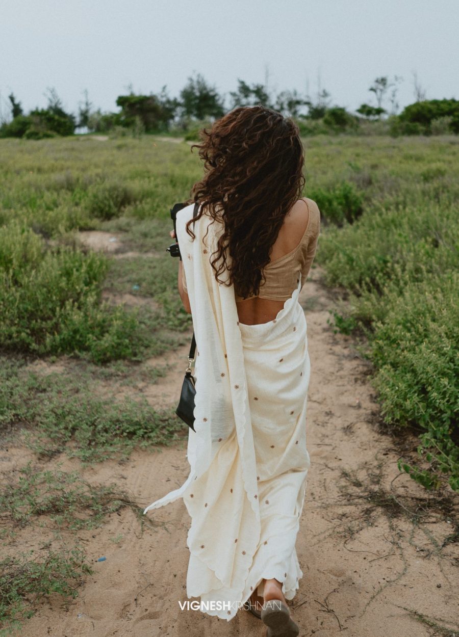 Shweta Balaji wearing a bespoke embroidered saree and blouse crafted by Design with Saa.  Photographed by Vignesh Krishnan